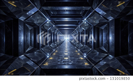 Bright blue futuristic tunnel with reflections and light at the end creating a sense of  mystery 131019850