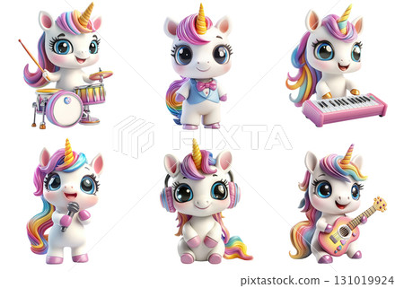 Cute cartoon unicorn musician set. AI-generated item 131019924