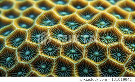 Close-up view of coral structure showing intricate patterns and vibrant colors under sunlight 131019945