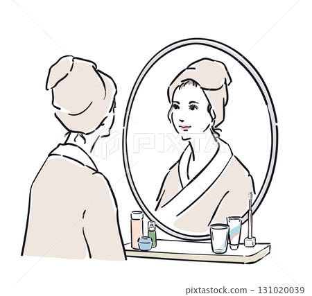 A woman in a bathrobe standing in front of a mirror A woman in a bathrobe standing in front of a mirror 131020039