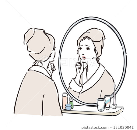 Woman in a bathrobe standing in front of a mirror - trouble Woman in a bathrobe standing in front of a mirror - trouble 131020041