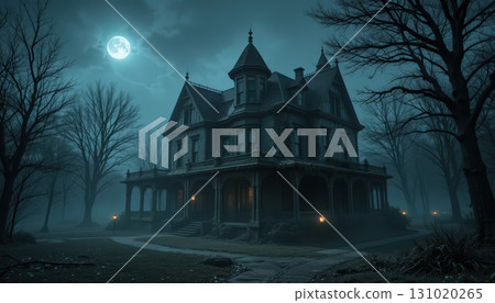 Halloween haunted mansion under full moon with eerie atmosphere, spooky trees and glowing lights create mysterious and chilling night scene perfect for horror stories Halloween haunted mansion under full moon with eerie atmosphere, spooky trees and glowing lights create mysterious and chilling night scene perfect for horror stories 131020265