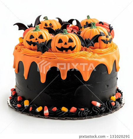Halloween cake decorated with cute pumpkin and bat toppers features orange icing drip and candy corn accents creating festive and playful dessert for spooky celebrations Halloween cake decorated with cute pumpkin and bat toppers features orange icing drip and candy corn accents creating festive and playful dessert for spooky celebrations 131020291