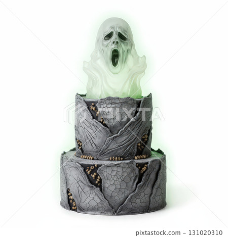 Halloween cake with spooky ghost topper features cracked stone like fondant and eerie details, perfect for haunted celebration or themed party centerpiece. 131020310