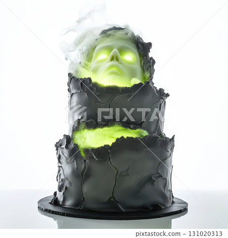 Halloween cake with eerie glowing green light and spooky face emerging from cracked black fondant creates mysterious and haunting atmosphere for celebrations. 131020313