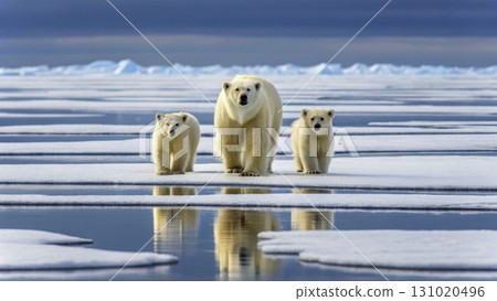 Polar bears walking on melting ice in the Arctic under a clear blue sky Polar bears walking on melting ice in the Arctic under a clear blue sky 131020496