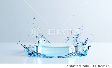 Podium with clear water splash creates fresh and dynamic scene, highlighting purity and energy in minimal blue background for product display or advertising 131020513
