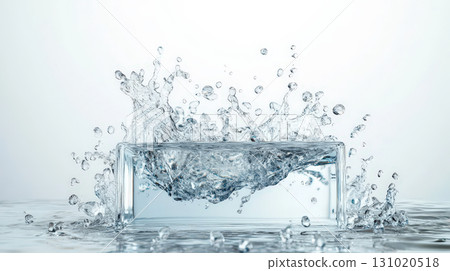 Podium with clear water splash creates dynamic movement and freshness, transparent liquid droplets scatter in air reflecting light on white background 131020518