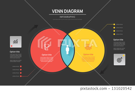 Venn diagram business infographic circle chart template 3 parts options, presentation with venn diagram elements vector illustration. Venn diagram business infographic circle chart template 3 parts options, presentation with venn diagram elements vector illustration. 131020542