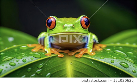 Colorful red-eyed tree frog perched on a large green leaf after rainfall in a tropical rainforest  131020623