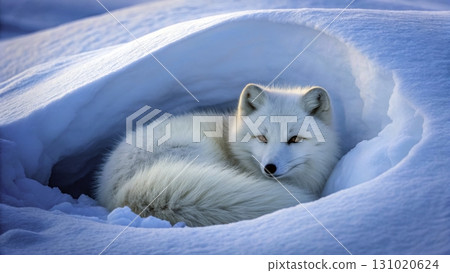 Arctic fox resting comfortably in snow during bright winter day 131020624