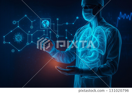 AI generated digital artwork showing a doctor interacting with a glowing blue human hologram anatomy interface symbolizing precision medicine and advanced healthcare technology 131020796