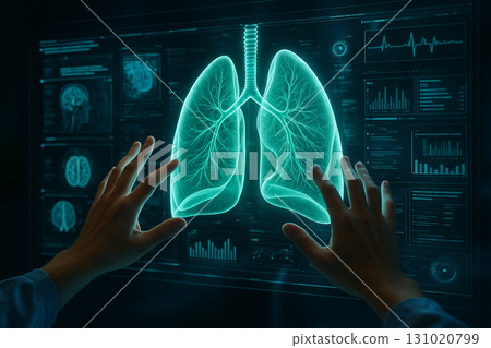 AI generated futuristic medical visualization of glowing holographic lungs with digital data interface symbolizing advanced healthcare technology and precision diagnostics 131020799