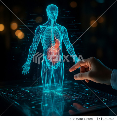 AI generated futuristic medical visualization showing human anatomy hologram with digital interface symbolizing precision healthcare and advanced AI diagnostics 131020808