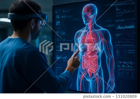 AI generated futuristic medical visualization showing doctor using AR VR to analyze 3D hologram of human body with advanced diagnostics and digital health data 131020809