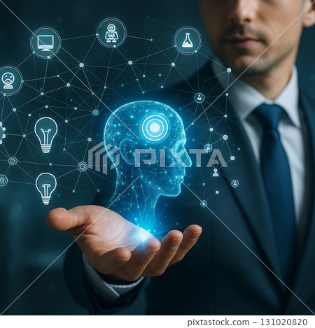 AI generated conceptual digital art showing a glowing human head hologram surrounded by technology icons and data network in a visionary futuristic atmosphere 131020820