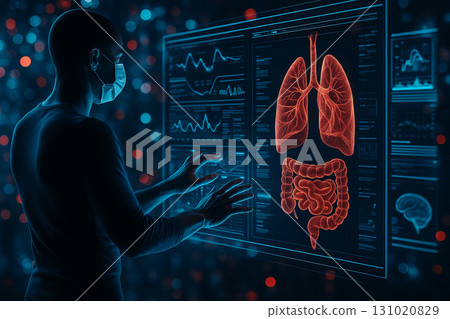 AI generated digital artwork of masked person interacting with holographic medical screen displaying glowing lungs and intestines data dashboard symbolizing futuristic healthcare precision medicine AI generated digital artwork of masked person interacting with holographic medical screen displaying glowing lungs and intestines data dashboard symbolizing futuristic healthcare precision medicine 131020829