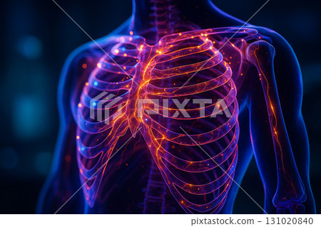 AI generated futuristic medical visualization showing human chest anatomy with glowing ribs nerves and digital energy flow in a hyper realistic sci fi style 131020840