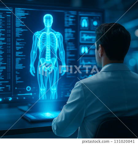 AI generated futuristic medical visualization showing a doctor analyzing a glowing holographic human body with anatomy and health data dashboard in a digital lab 131020841