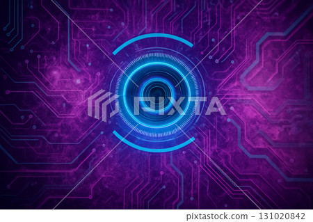 AI generated sci fi artwork of glowing cyber eye hologram with blue ring and purple circuit board background symbolizing artificial intelligence data processing and cyber technology AI generated sci fi artwork of glowing cyber eye hologram with blue ring and purple circuit board background symbolizing artificial intelligence data processing and cyber technology 131020842