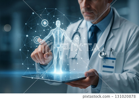 AI generated digital artwork of doctor using tablet projecting glowing human body hologram with medical icons and network connections symbolizing futuristic healthcare and smart medicine 131020878