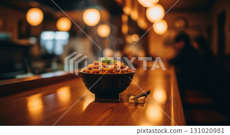 Traditional Gyudon Bowl on Wooden Counter with Warm Lighting 131020981