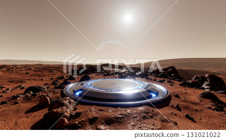 Futuristic podium platform on mars surface with metallic design plus dramatic lighting creating sci fi atmosphere under alien sky with rocky terrain and distant horizon 131021022