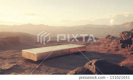 Futuristic podium platform on mars surface with red desert landscape plus mountain ridge under golden sunset sky creating sci fi presentation stage environment 131021031