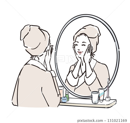 穿著浴袍的女人站在鏡子前進行皮膚護理 穿著浴袍的女人站在鏡子前進行皮膚護理 131021169