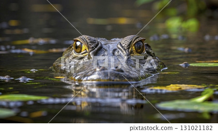 Close-up of an alligator floating in a calm swamp during daylight, surrounded by lush greenery Close-up of an alligator floating in a calm swamp during daylight, surrounded by lush greenery 131021182