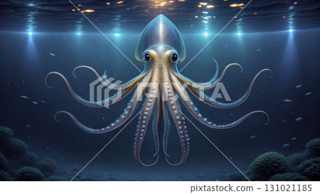 Colorful octopus swimming gracefully in deep ocean waters beneath shimmering lights Colorful octopus swimming gracefully in deep ocean waters beneath shimmering lights 131021185