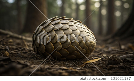 Unique pine cone resting on forest floor during early morning, surrounded by soft light and trees 131021187