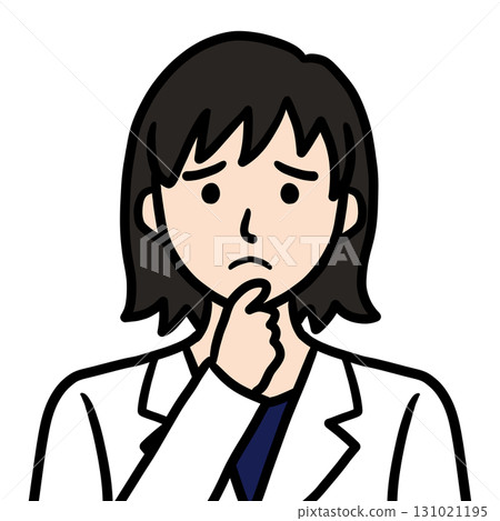 Young woman in white coat, doctor, scientist, researcher, thinking pose icon 131021195