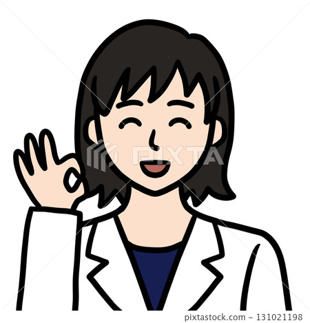 年輕女醫師科學家研究員身穿白大褂的 OK 姿勢圖標 131021198
