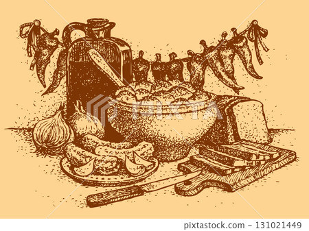 Vector still life: potatoes, cucumbers, onion, bread and bacon slices 131021449