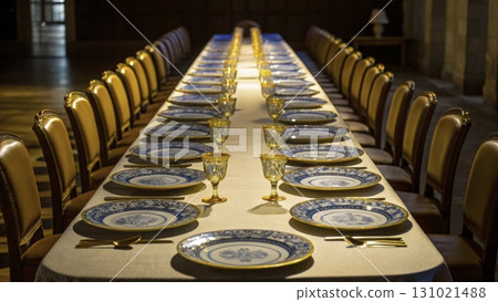 Elegant dining table set for a grand event in a historic hall with beautiful decorations, 131021488
