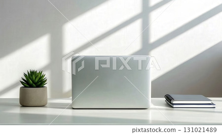 Modern workspace featuring a laptop, notebook, and potted plant in bright natural light 131021489