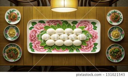 Festive table setting with traditional dumplings and side dishes in a cozy dining room Festive table setting with traditional dumplings and side dishes in a cozy dining room 131021543