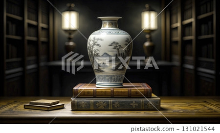 Exquisite porcelain vase displayed on antique books in a well-lit library setting 131021544