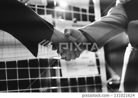 Business people shaking hands in office. Two business partners shaking hands after signing a contract in office. 131021624