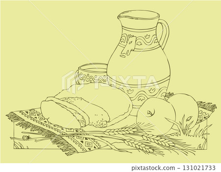 Vector drawing. Still life of apples, bread and milk 131021733
