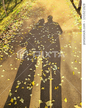The shadows of two people reflected on the path covered with fallen leaves 131021828
