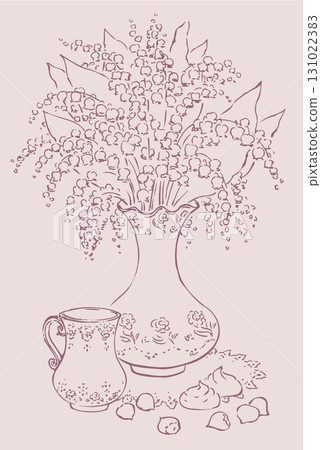 Vector still life with vase of lilies and a cup of coffee 131022383