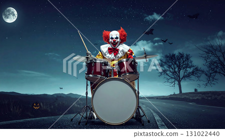 AI-generated image of a clown drummer dressed as Halloween in the dark night 131022440
