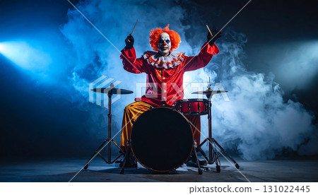 AI-generated image of a Halloween clown playing a drum set 131022445