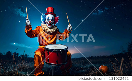 AI-generated image of a scary clown playing drums on Halloween night 131022451