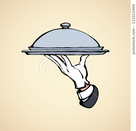 Hand of waiter with dish. Vector drawing 131022469