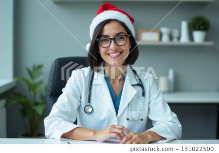 Woman doctor wearing Santa Claus hat and white coat 131022500
