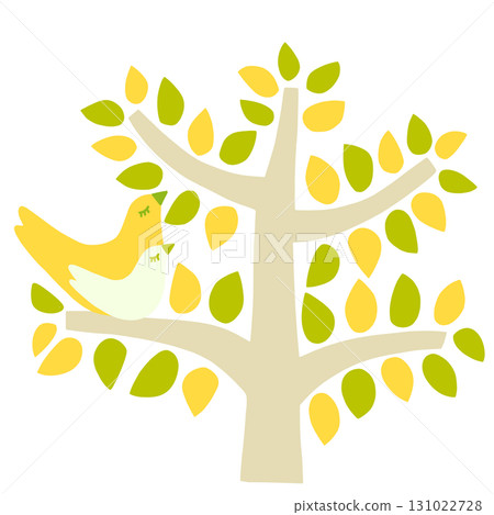 A captivating pair of birds and a tree with yellow autumn leaves 131022728