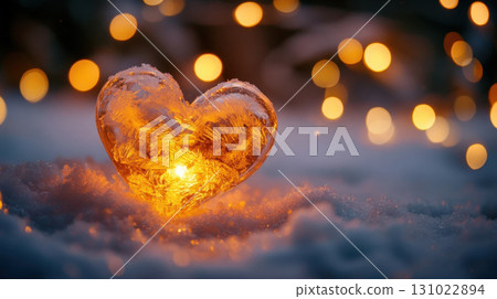 Heart shaped ice sculpture glowing with warm light held in hands during winter season creating magical xmas atmosphere with bokeh background plus romantic mood 131022894